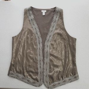 Chico's Gold Taupe Sequin Embellished Vest sz 2